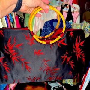 Vintage Silk Black and Red Bamboo Handle Bag